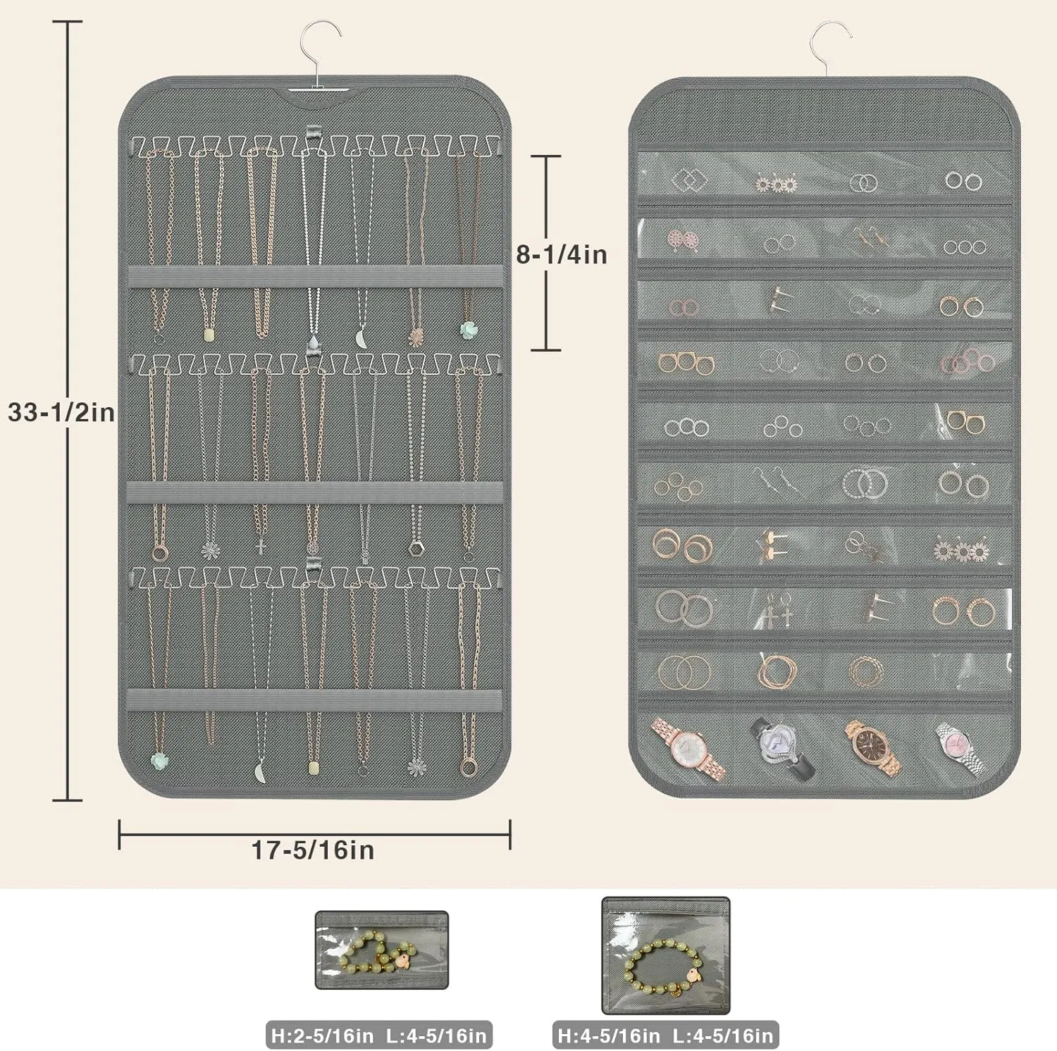 Hanging Jewelry Organizer Storage, 40 Pockets 36 Hooks Necklace Earring Necklace Bracelet Ring Organizer, Double - Sided Design, Grey