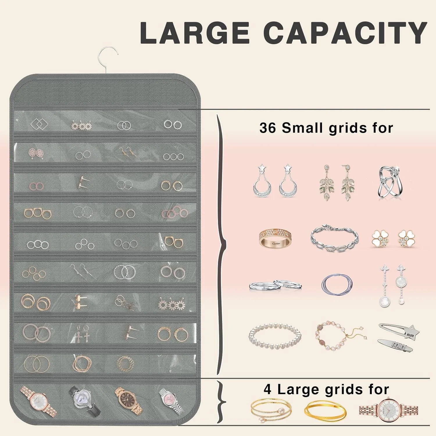 Hanging Jewelry Organizer Storage, 40 Pockets 36 Hooks Necklace Earring Necklace Bracelet Ring Organizer, Double - Sided Design, Grey