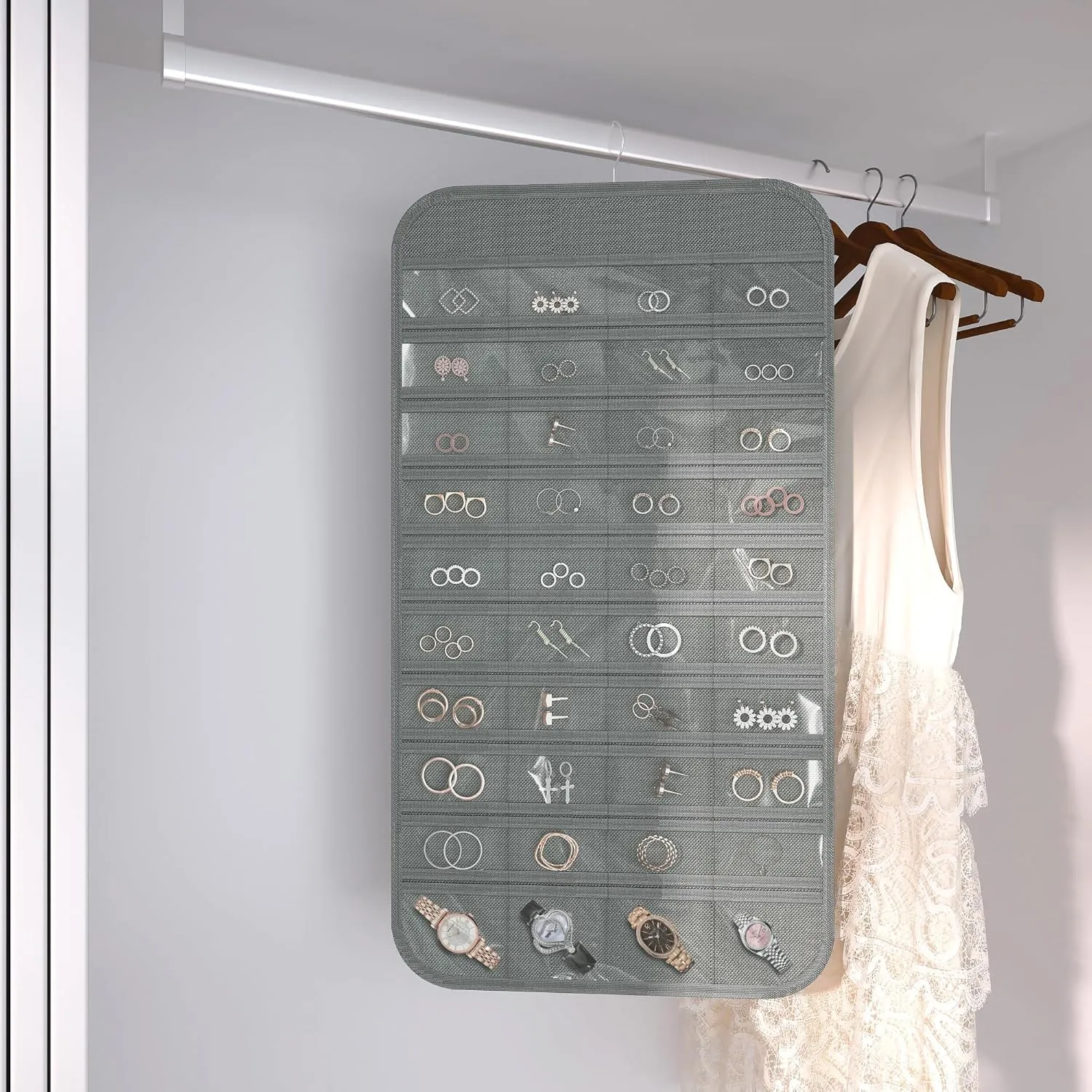 Hanging Jewelry Organizer Storage, 40 Pockets 36 Hooks Necklace Earring Necklace Bracelet Ring Organizer, Double - Sided Design, Grey