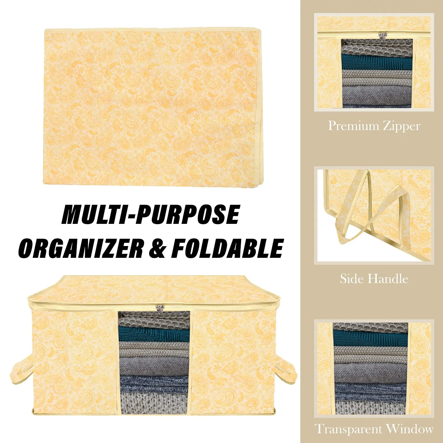 Heart Home Underbed Storage Bag | Clothes Storage Organizer | Blanket Cover with Clear Window | Zipper Closure & Handle Cloth Organizer | Carry-Design | Large | Pack of 2 | Yellow