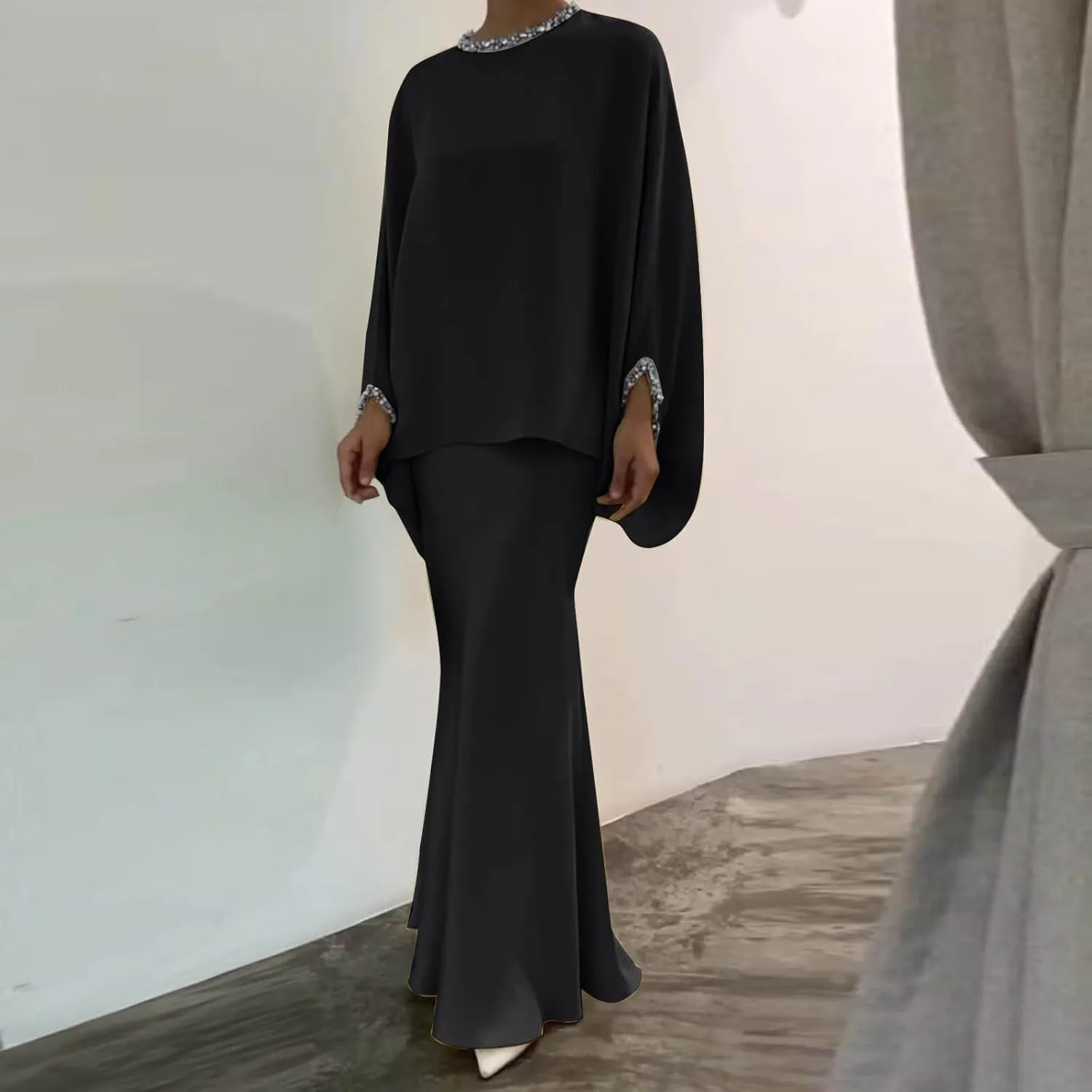 HGps8w Elegant 2 Piece Outfits for Women Lace Trim Flowy Batwing Blouse & Mermaid Floral Maxi Skirt Office Party Dress Sets