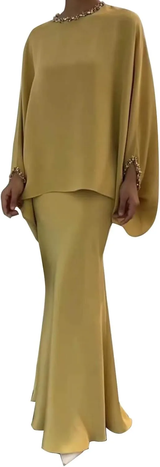HGps8w Elegant 2 Piece Outfits for Women Lace Trim Flowy Batwing Blouse & Mermaid Floral Maxi Skirt Office Party Dress Sets