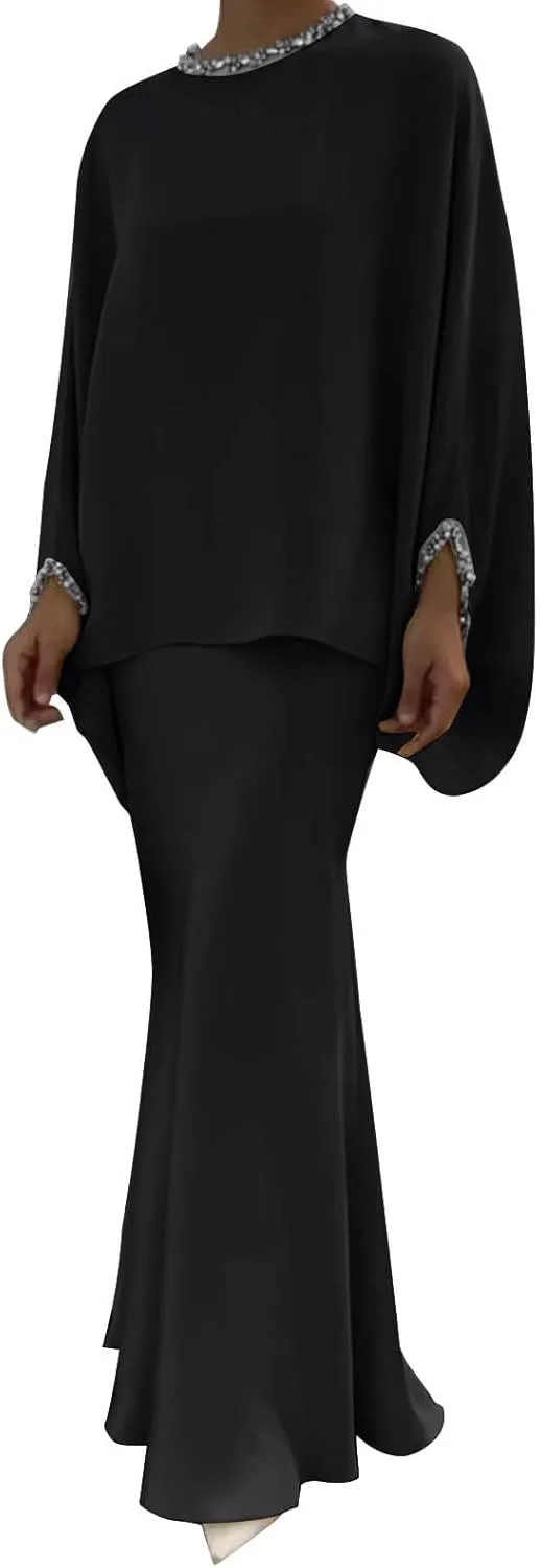 HGps8w Elegant 2 Piece Outfits for Women Lace Trim Flowy Batwing Blouse & Mermaid Floral Maxi Skirt Office Party Dress Sets