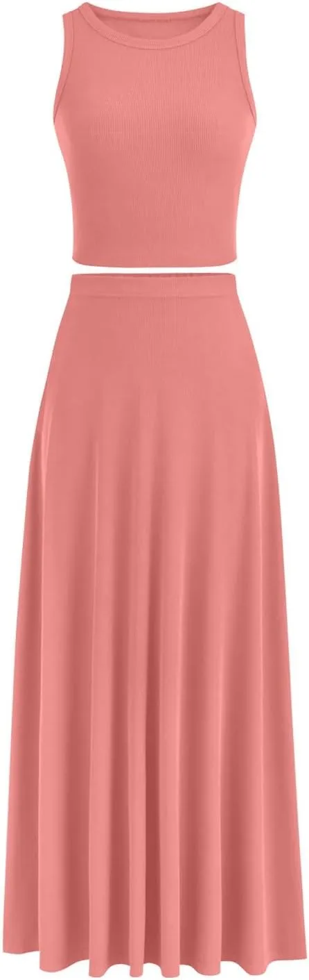 HGps8w Womens 2 Piece Outfits Knitted Casual Summer Fitted Cropped Tank Top with High Waisted Long Skirt Loungewear Sets