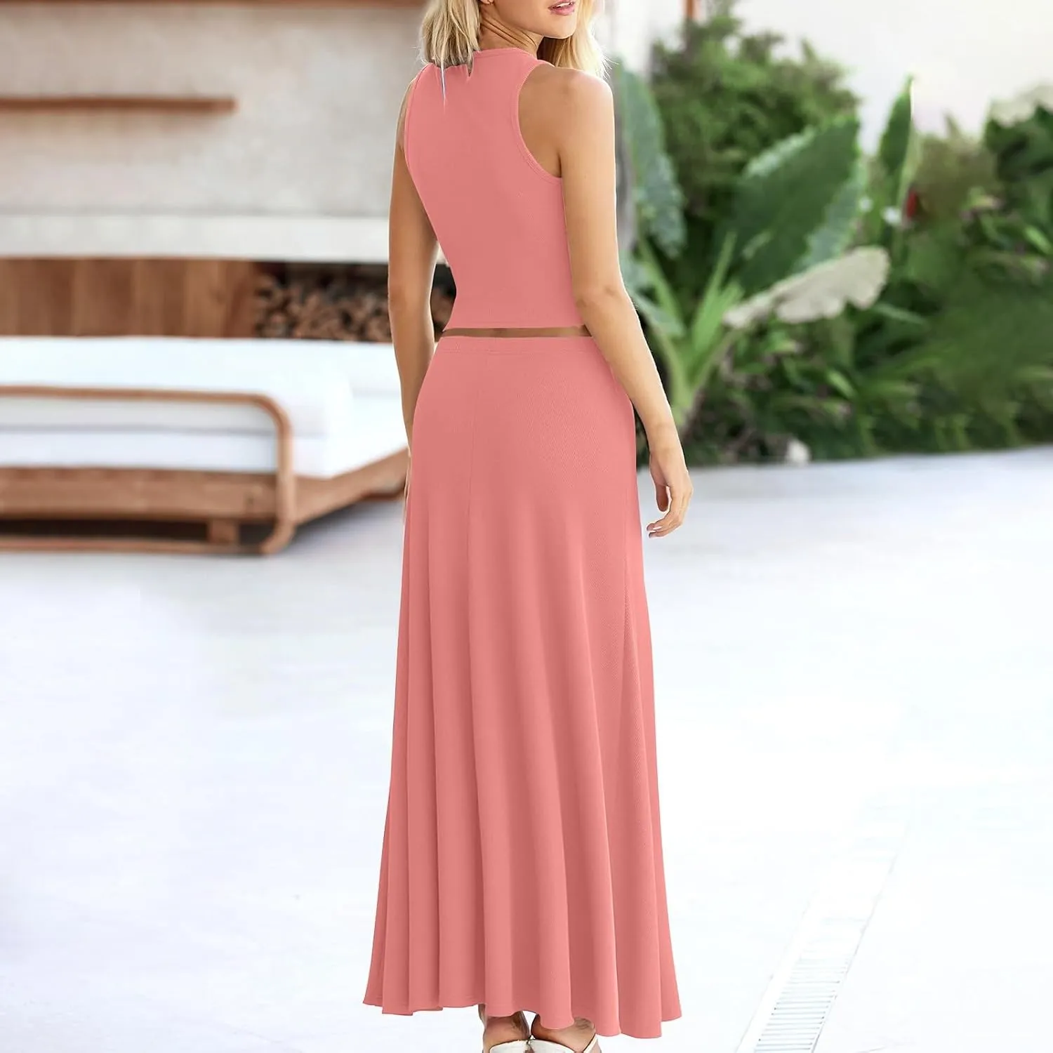 HGps8w Womens 2 Piece Outfits Knitted Casual Summer Fitted Cropped Tank Top with High Waisted Long Skirt Loungewear Sets