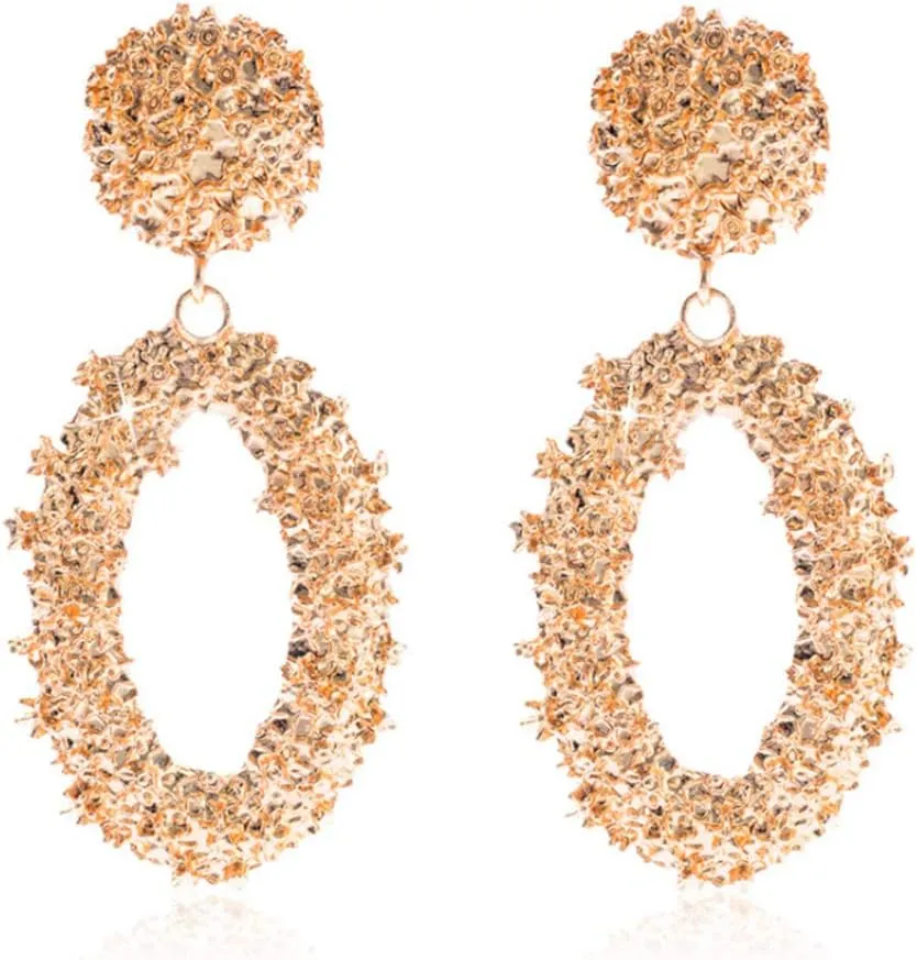 Hollow Geometric Large Square Dangle Earrings Metal Statement Drop Earrings Punk Bohemian Raised Textured Design Big Hoop Earrings for Women Fashion Jewelry