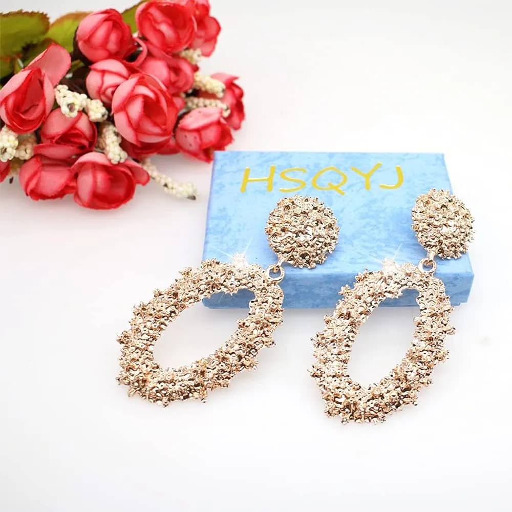 Hollow Geometric Large Square Dangle Earrings Metal Statement Drop Earrings Punk Bohemian Raised Textured Design Big Hoop Earrings for Women Fashion Jewelry