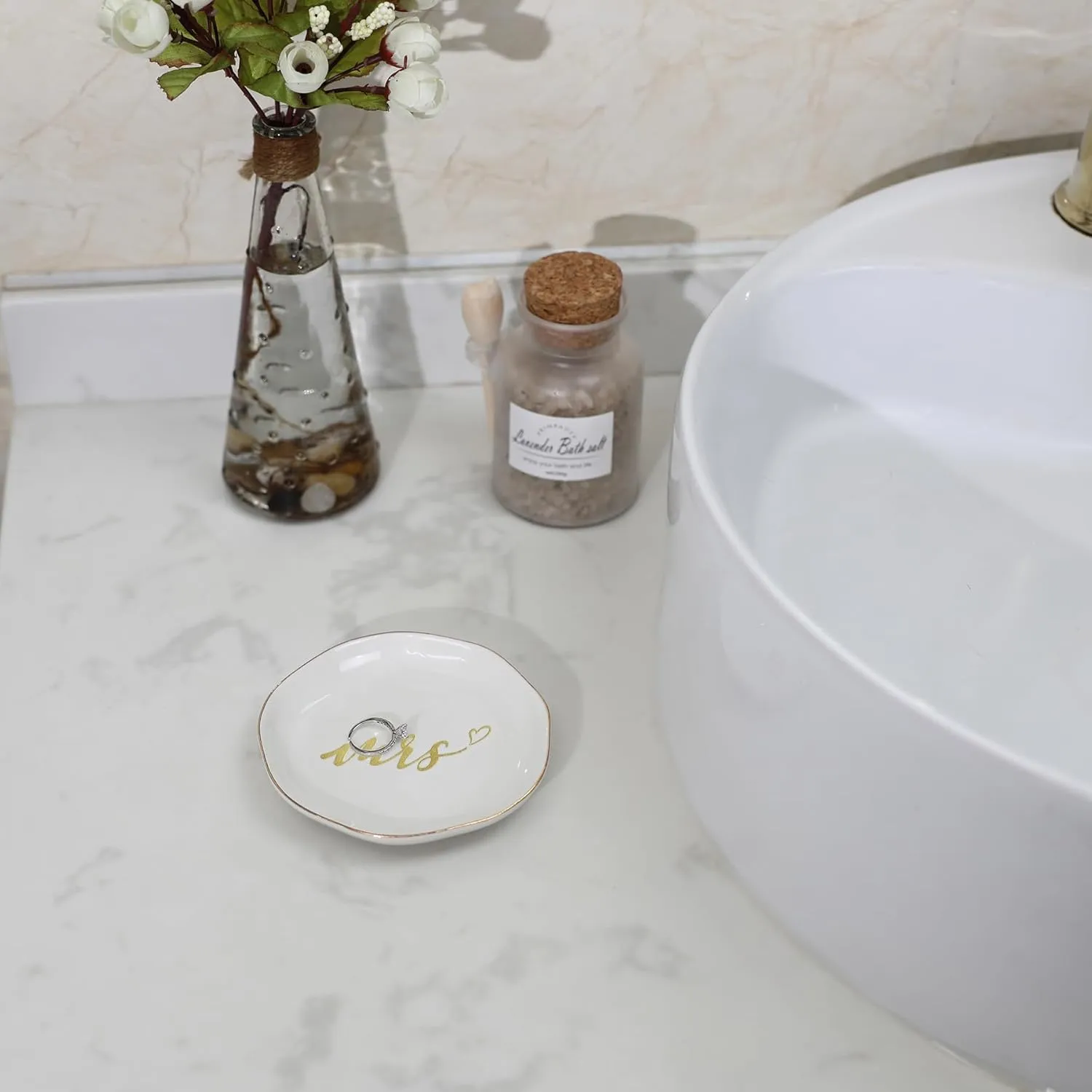 HOME SMILE Mrs Ring Dish, Engagement&Wedding Gifts for Women, Bridal Shower Present,Ceramic Jewelry Tray, 4.5"