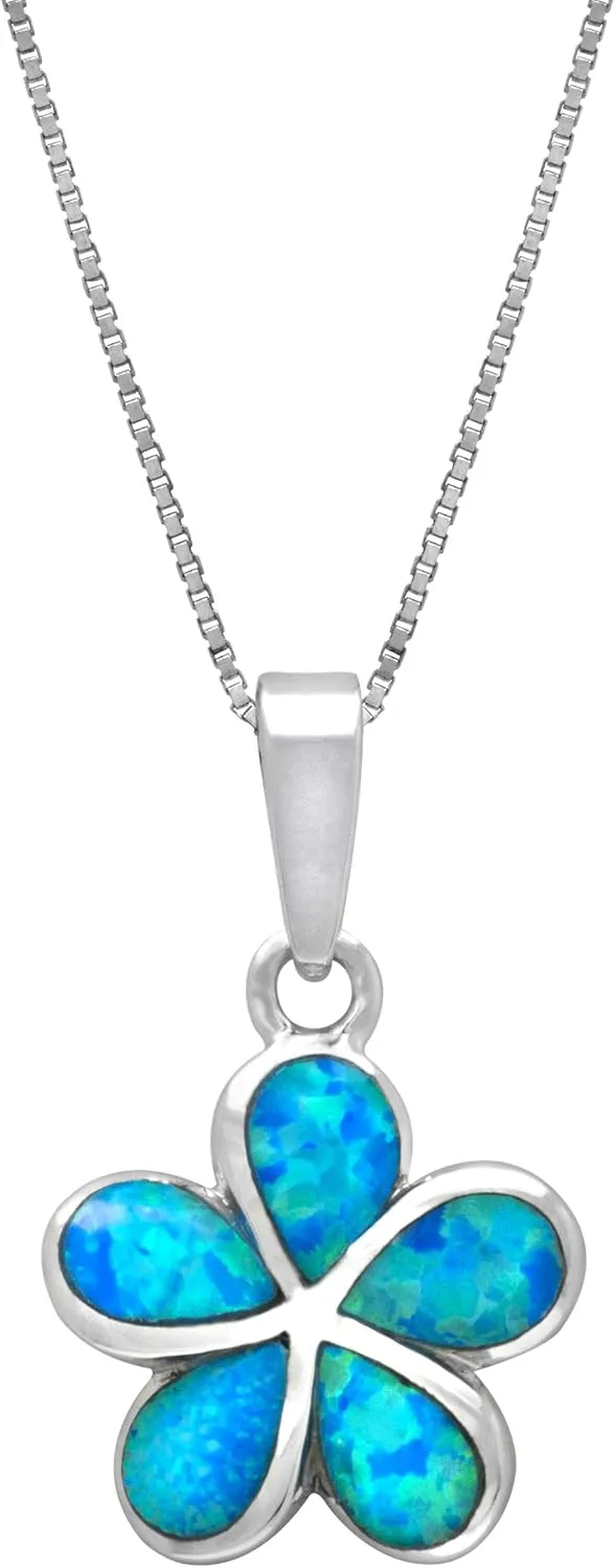 Honolulu Jewelry Company Sterling Silver Plumeria Flower Necklace Pendant with Simulated Blue Opal