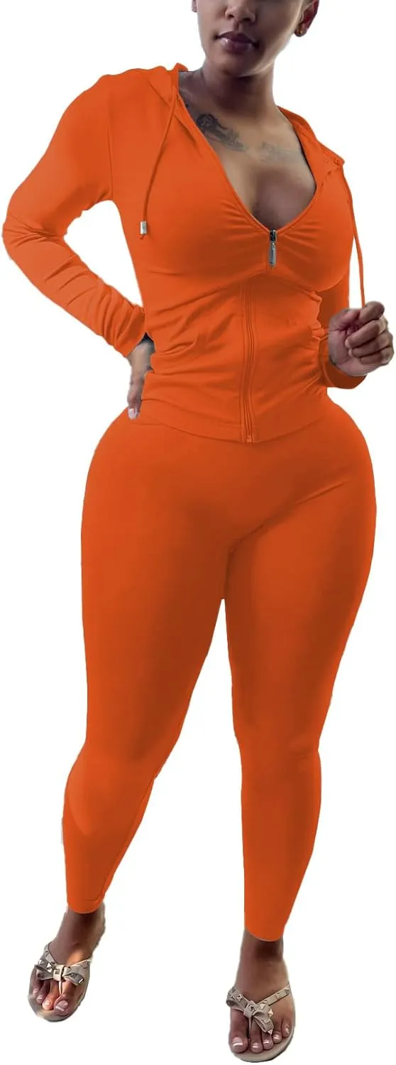 HTD Two Piece Outfits For Women Long Sleeve Tracksuit Bodycon Workout Set Jogger Sets