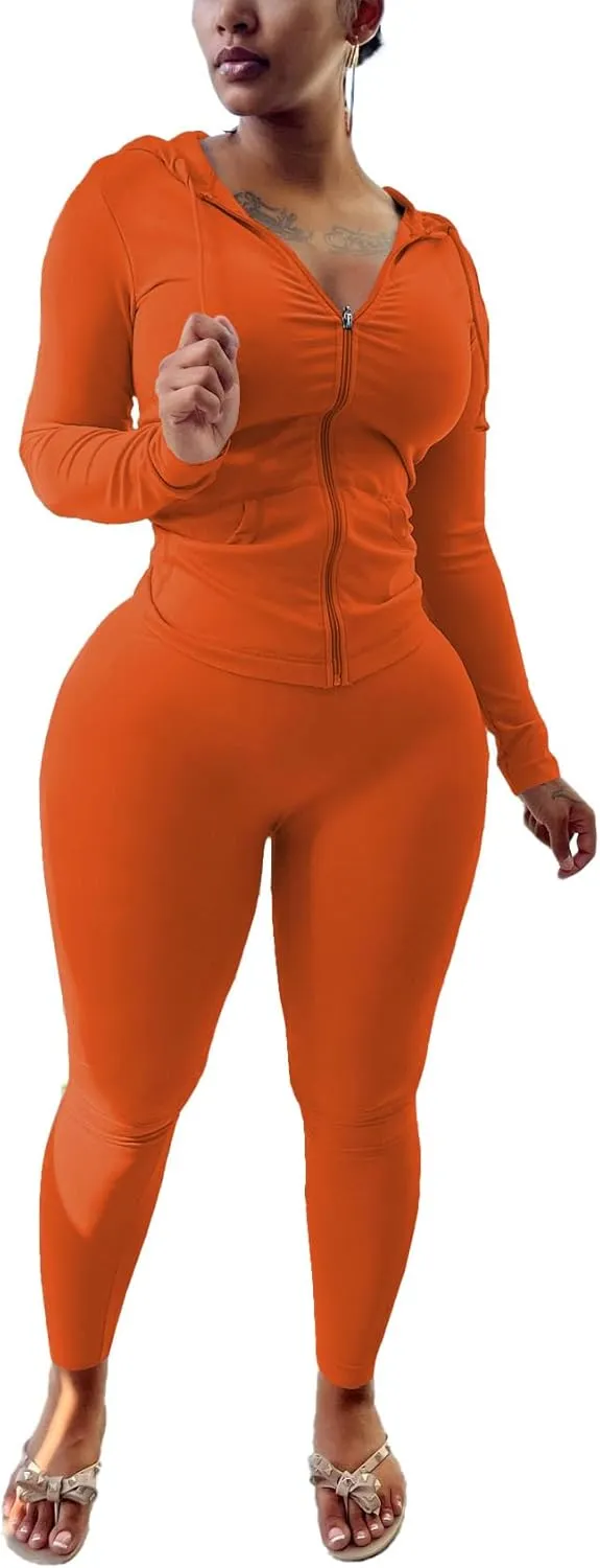 HTD Two Piece Outfits For Women Long Sleeve Tracksuit Bodycon Workout Set Jogger Sets