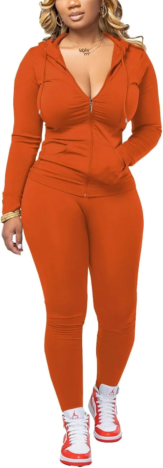 HTD Two Piece Outfits For Women Long Sleeve Tracksuit Bodycon Workout Set Jogger Sets