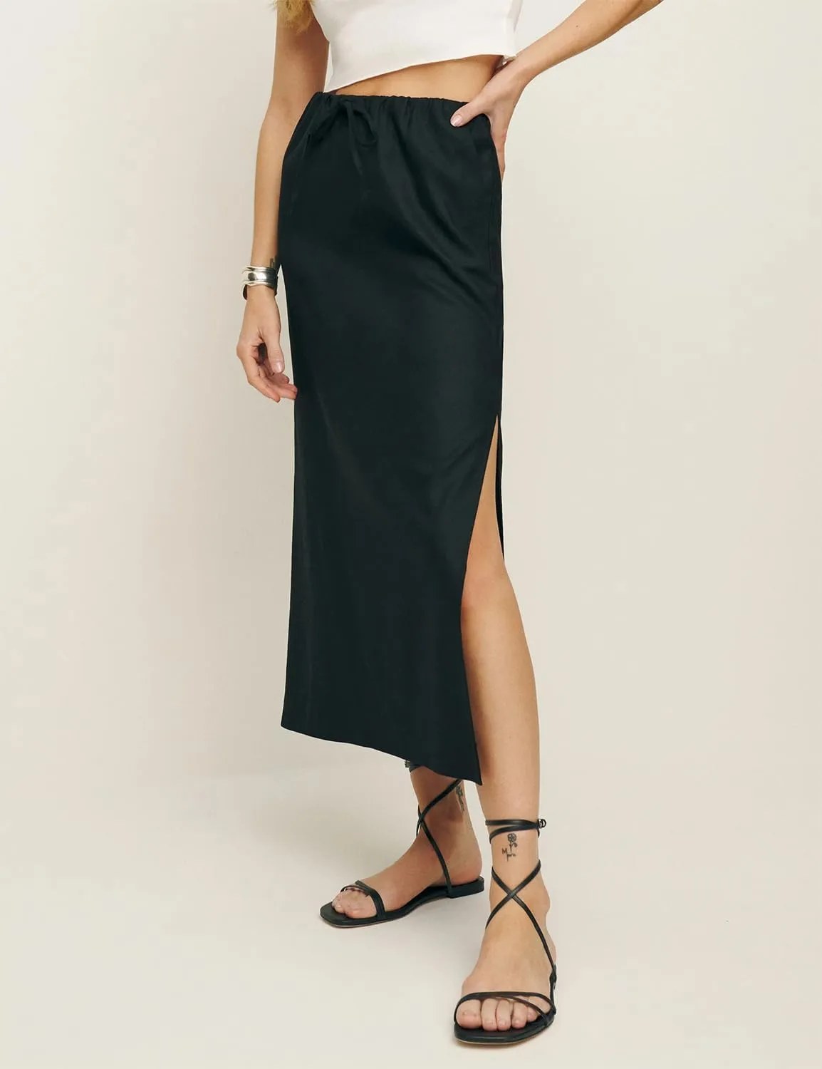 IDEALSANXUN Womens Cotton Linen Skirts Trendy Elastic Waist Drawstring Long Skirts with Slit