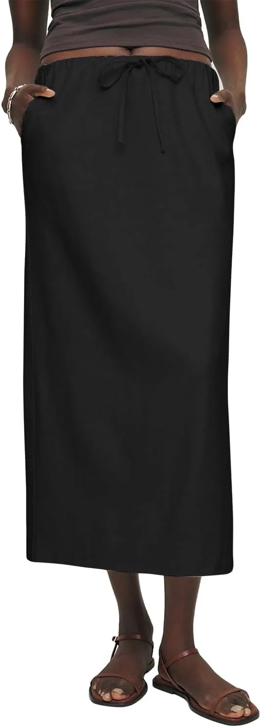 IDEALSANXUN Womens Cotton Linen Skirts Trendy Elastic Waist Drawstring Long Skirts with Slit