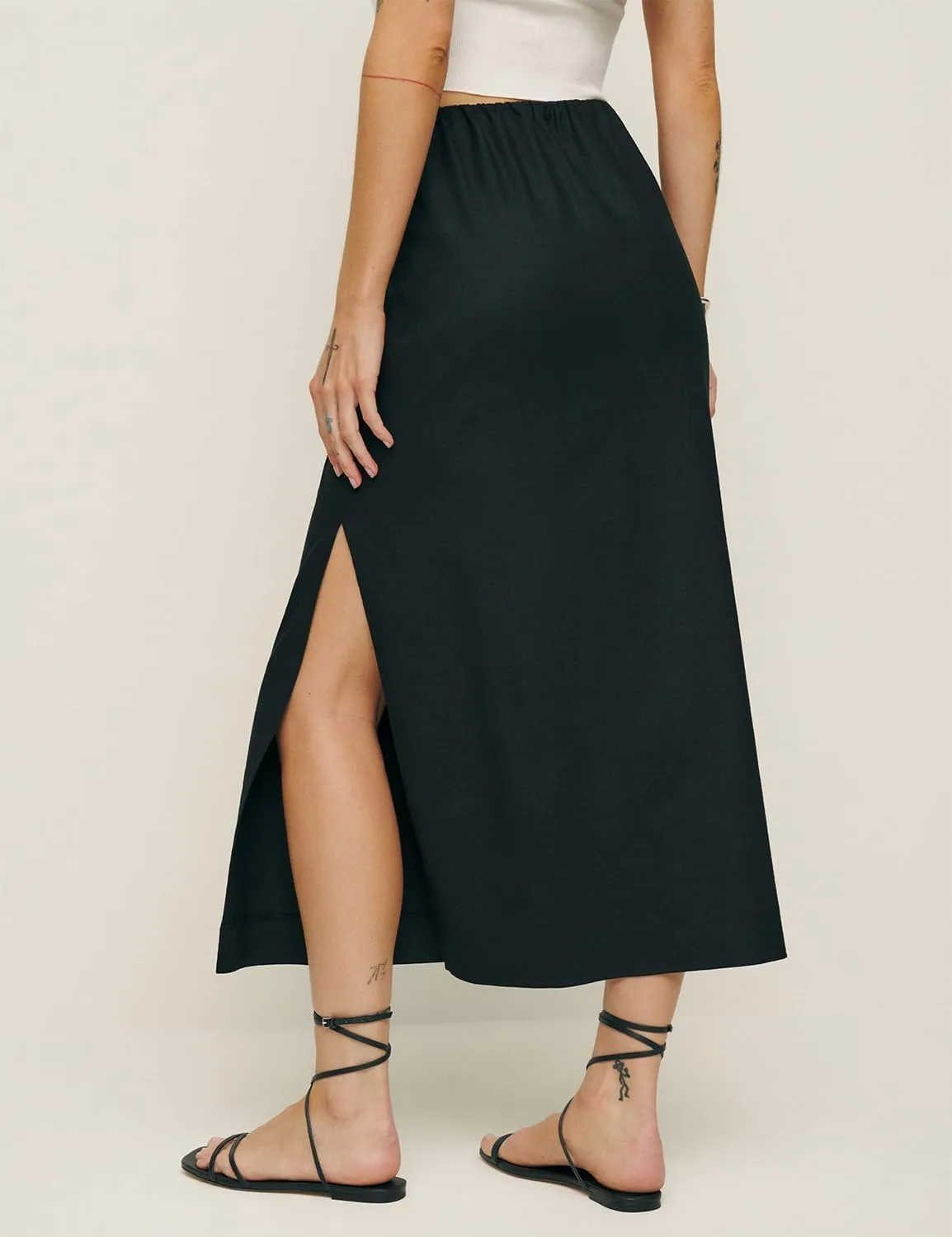 IDEALSANXUN Womens Cotton Linen Skirts Trendy Elastic Waist Drawstring Long Skirts with Slit