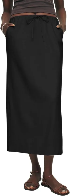 IDEALSANXUN Womens Cotton Linen Skirts Trendy Elastic Waist Drawstring Long Skirts with Slit