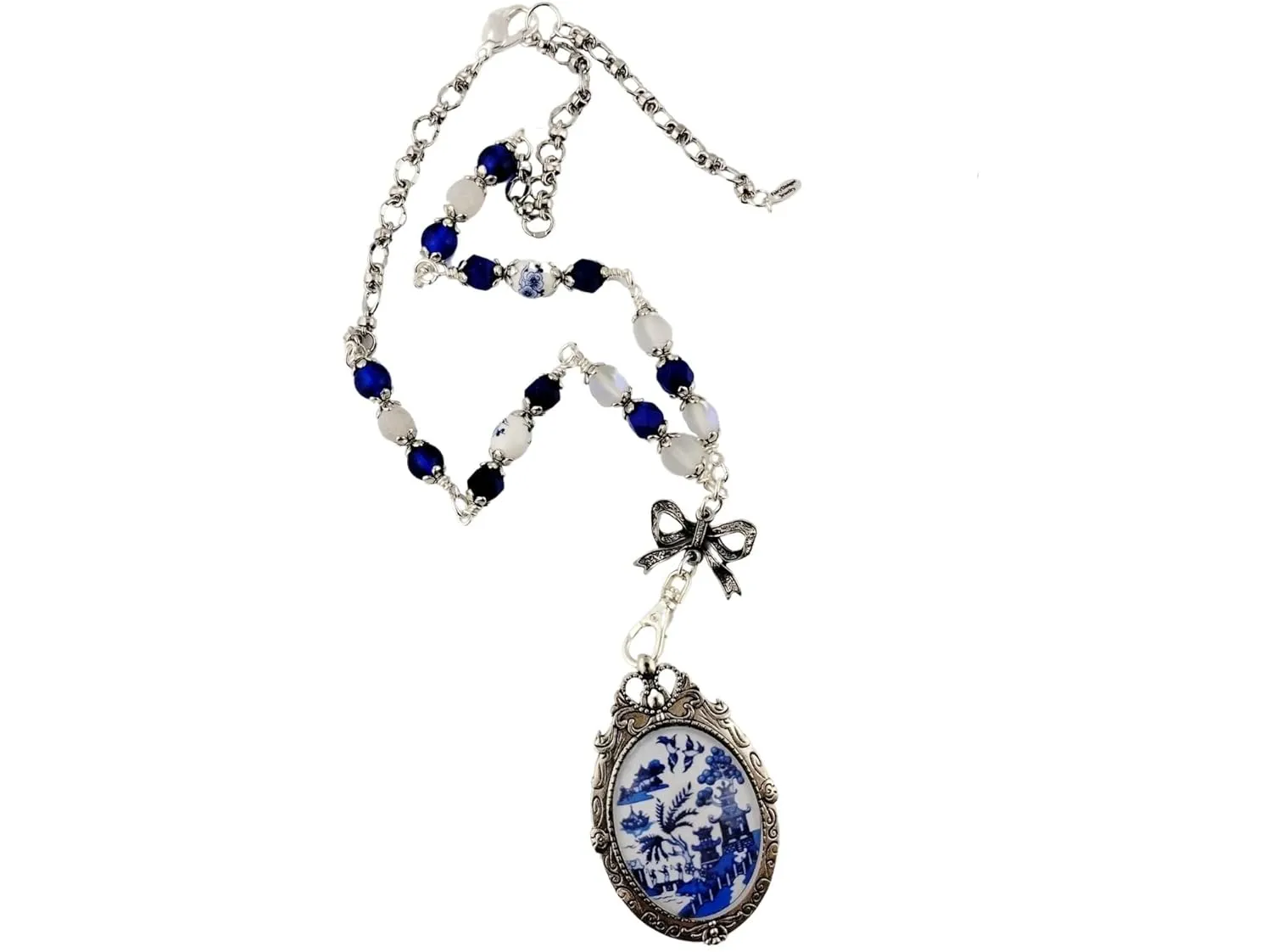 Indigo Blue Willow Glass Cabochon Convertible Brooch Pendant Necklace Set - Vintage Elegance