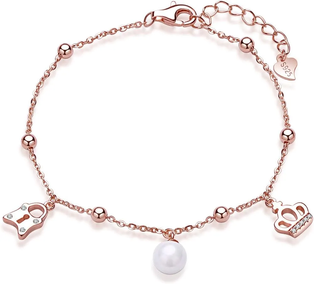 Infinite U Crown Lock Beads Women's Charm Bracelet 925 Sterling Silver Cubic Zirconia Simulated Pearl Adjustable Link Chain