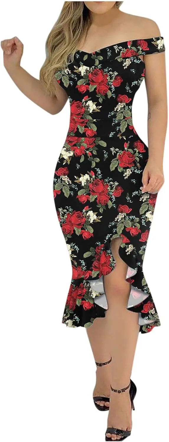 iQKA Women Sexy Cocktail Dress Ruffle Hem Sling Dresses Floral Print V Neck Sleeveless Pencil Dress Vestidos