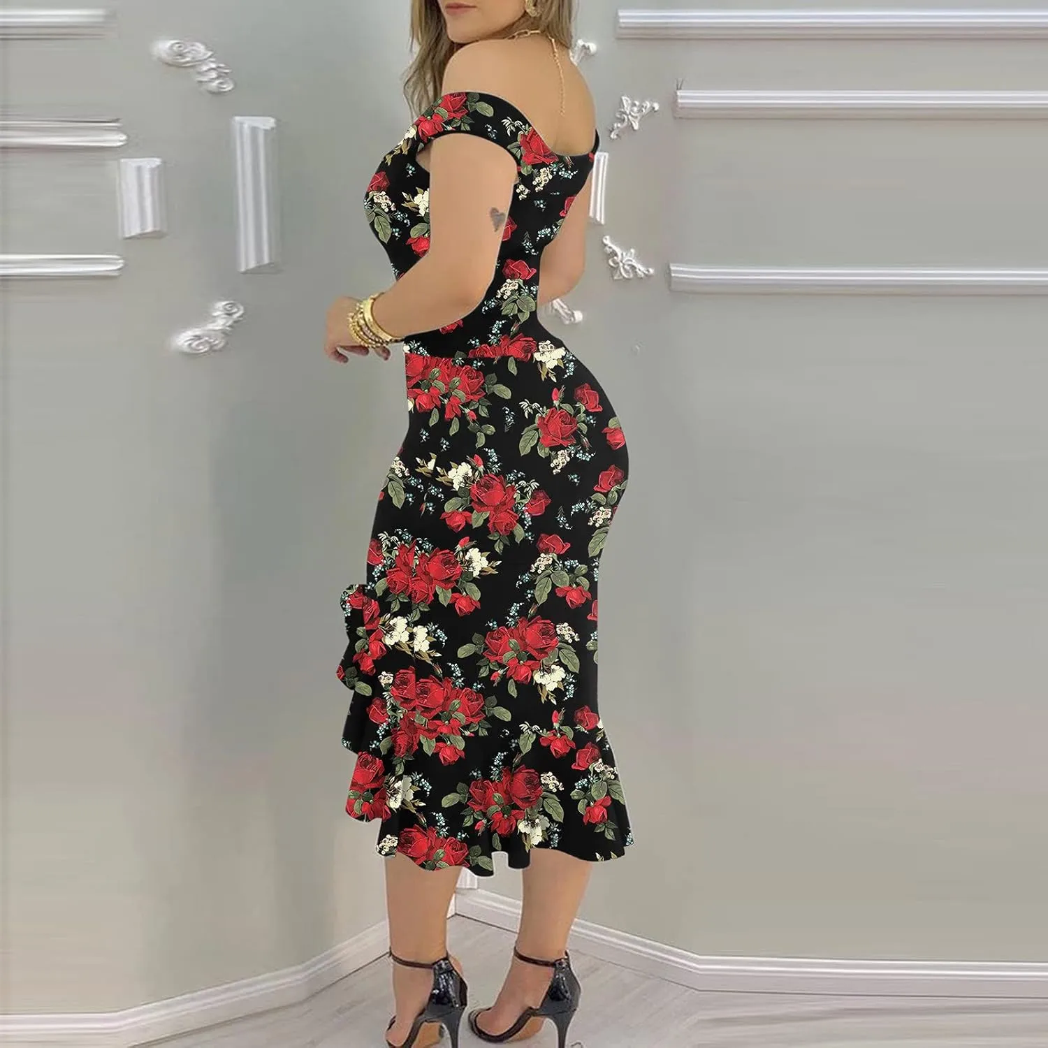 iQKA Women Sexy Cocktail Dress Ruffle Hem Sling Dresses Floral Print V Neck Sleeveless Pencil Dress Vestidos