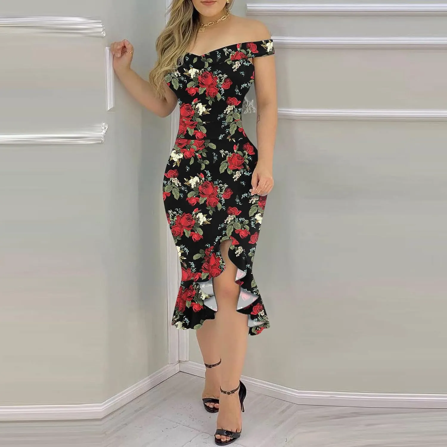 iQKA Women Sexy Cocktail Dress Ruffle Hem Sling Dresses Floral Print V Neck Sleeveless Pencil Dress Vestidos