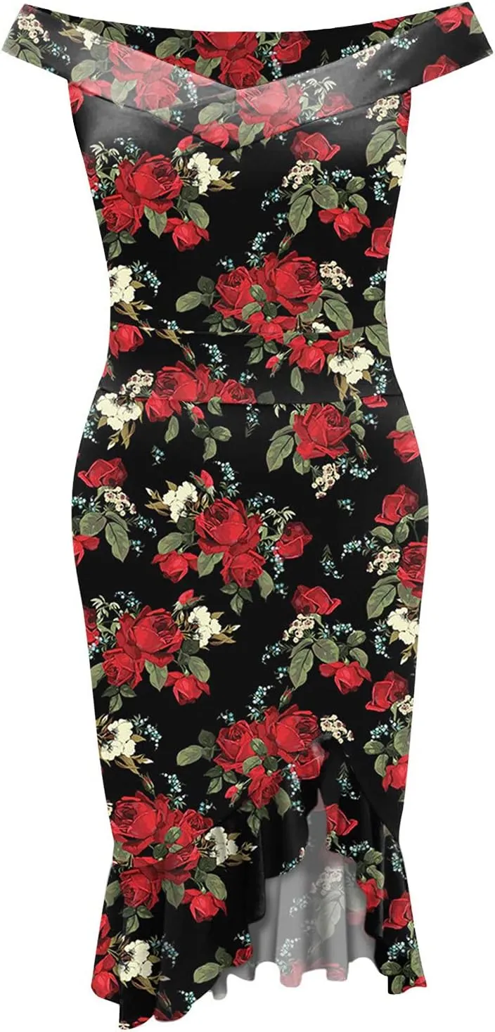 iQKA Women Sexy Cocktail Dress Ruffle Hem Sling Dresses Floral Print V Neck Sleeveless Pencil Dress Vestidos