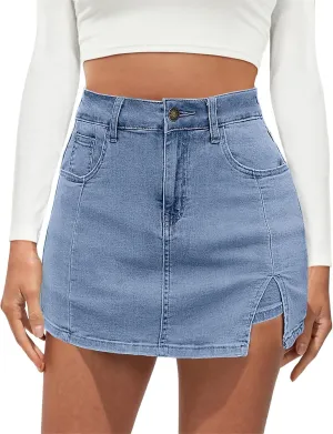 Jean Skirts for Women Denim High Waisted Stretchy Denim Skirt with Slit Trendy Casual Slim Fit Short Skirts