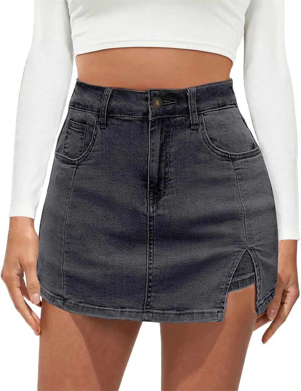 Jean Skirts for Women Denim High Waisted Stretchy Denim Skirt with Slit Trendy Casual Slim Fit Short Skirts
