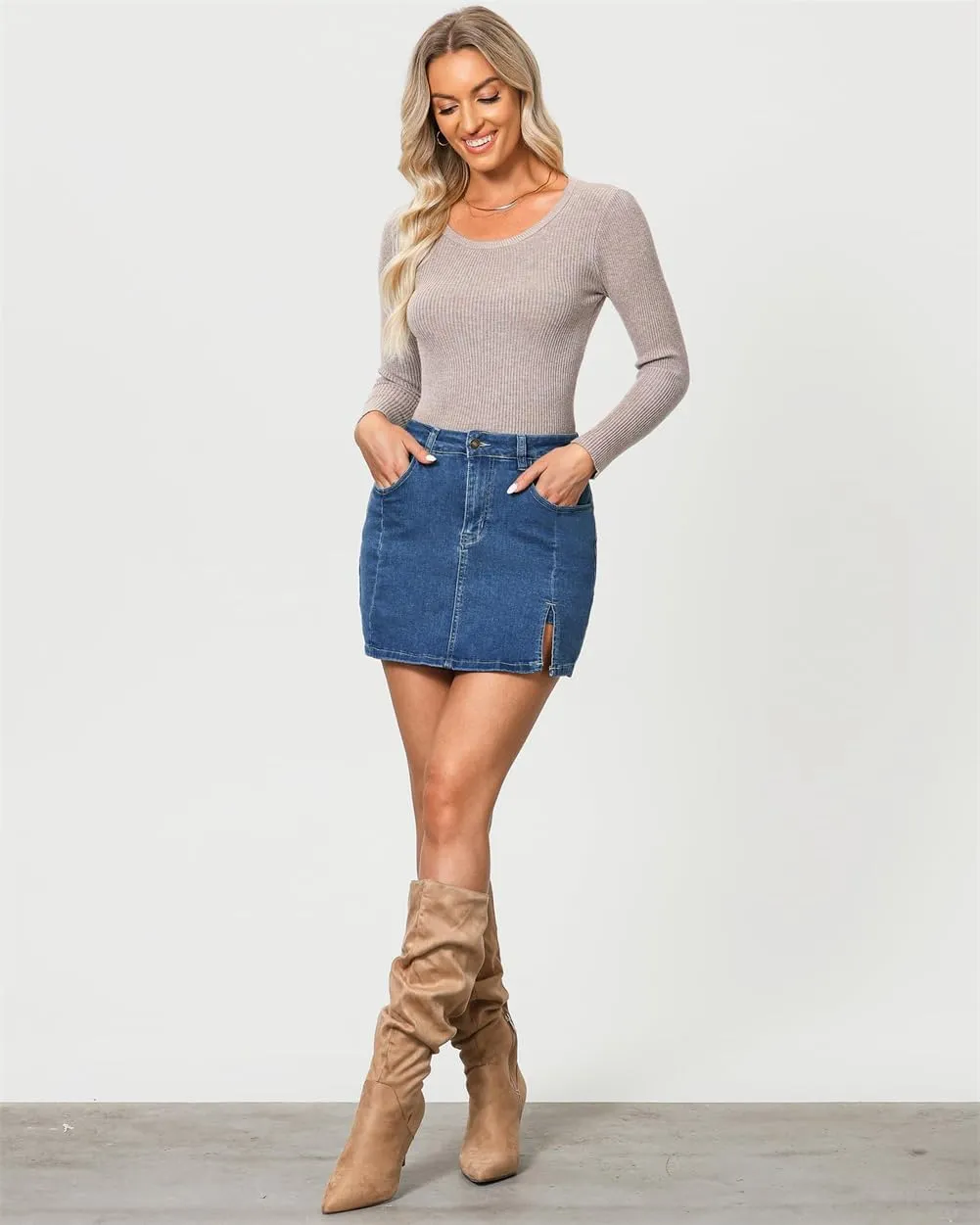 Jean Skirts for Women Denim High Waisted Stretchy Denim Skirt with Slit Trendy Casual Slim Fit Short Skirts
