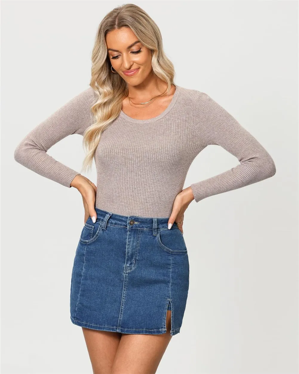 Jean Skirts for Women Denim High Waisted Stretchy Denim Skirt with Slit Trendy Casual Slim Fit Short Skirts