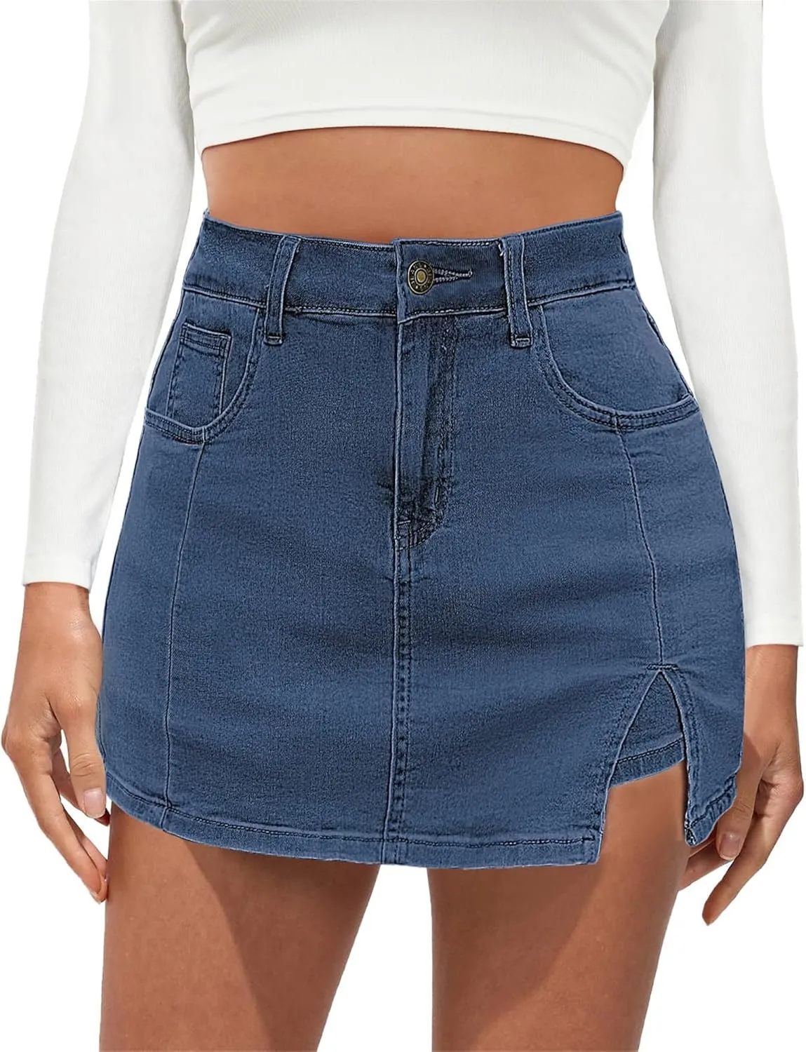 Jean Skirts for Women Denim High Waisted Stretchy Denim Skirt with Slit Trendy Casual Slim Fit Short Skirts