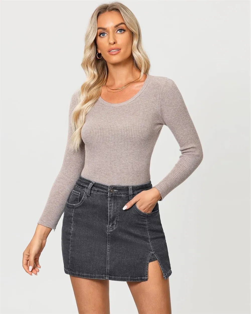 Jean Skirts for Women Denim High Waisted Stretchy Denim Skirt with Slit Trendy Casual Slim Fit Short Skirts