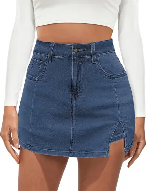 Jean Skirts for Women Denim High Waisted Stretchy Denim Skirt with Slit Trendy Casual Slim Fit Short Skirts