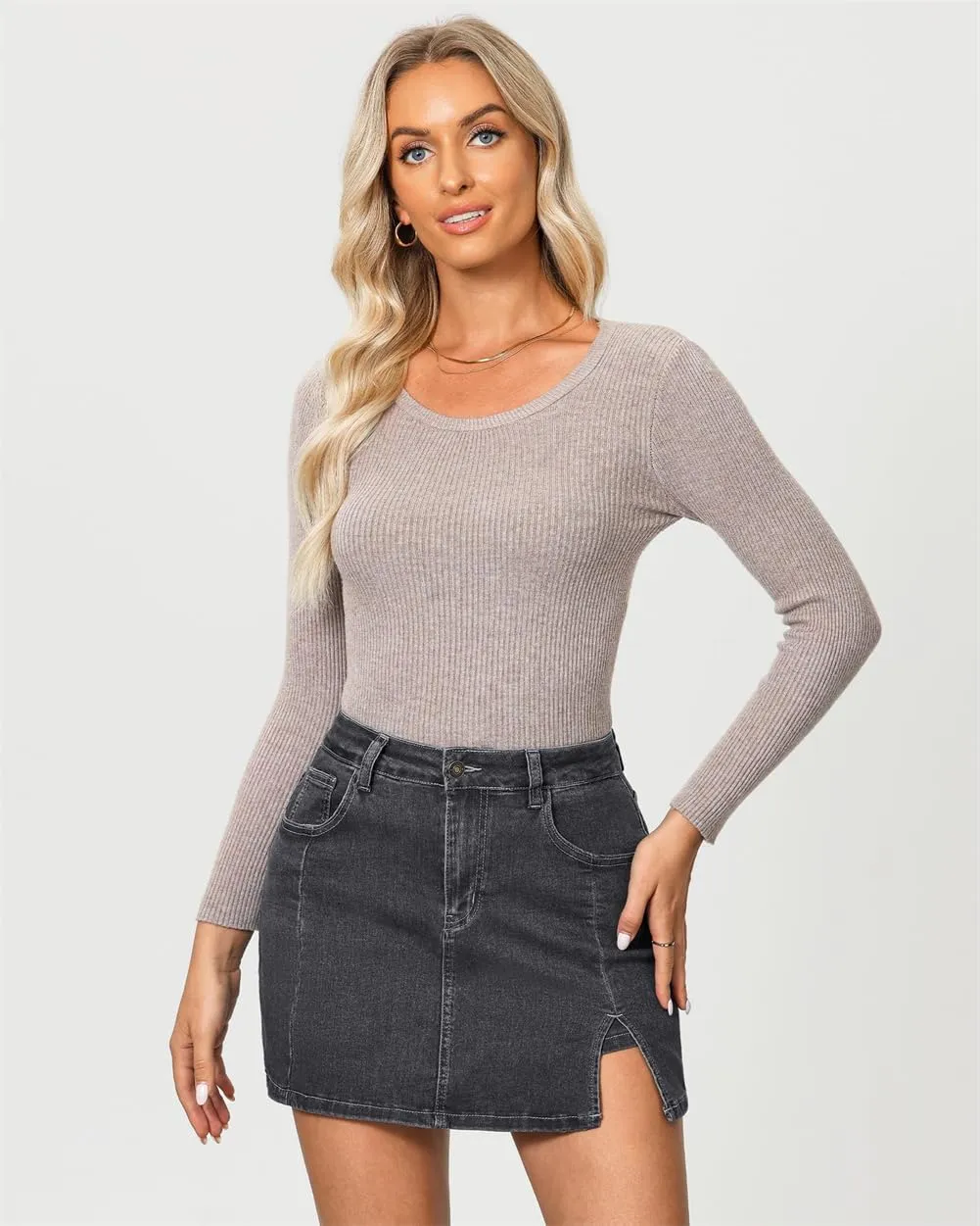 Jean Skirts for Women Denim High Waisted Stretchy Denim Skirt with Slit Trendy Casual Slim Fit Short Skirts