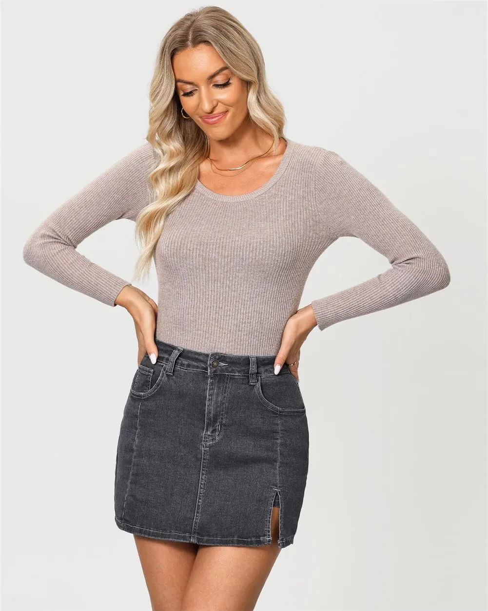 Jean Skirts for Women Denim High Waisted Stretchy Denim Skirt with Slit Trendy Casual Slim Fit Short Skirts