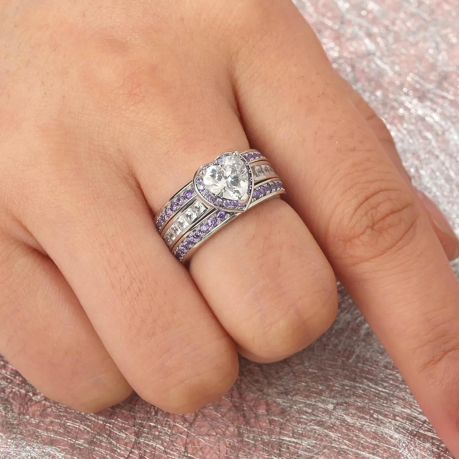 Jeulia Engagement Interchangeable Ring Set for Women Heart Cut Sterling Silver Wedding Promise Brilliant Classic Band Fashion Anniversary Rose Gold Halo Diamond Bridal with Jewelry Box