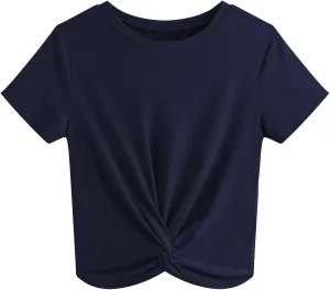 JINKESI Women's Summer Causal Short Sleeve Blouse Round Neck Crop Tops Twist Front Tee T-Shirt