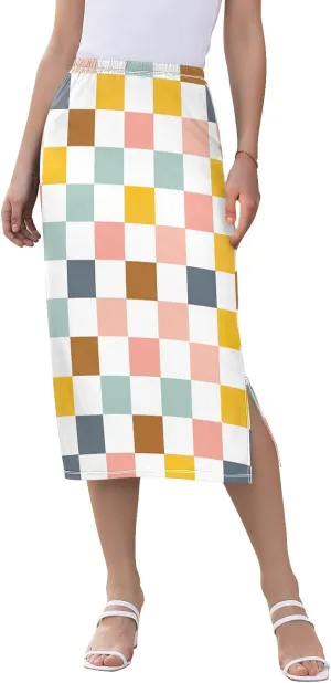 Joisal Colorful Checkered Pattern Midi Skirt for Women Pencil Skirt with Slit, Long Skirt Stretch Skirt