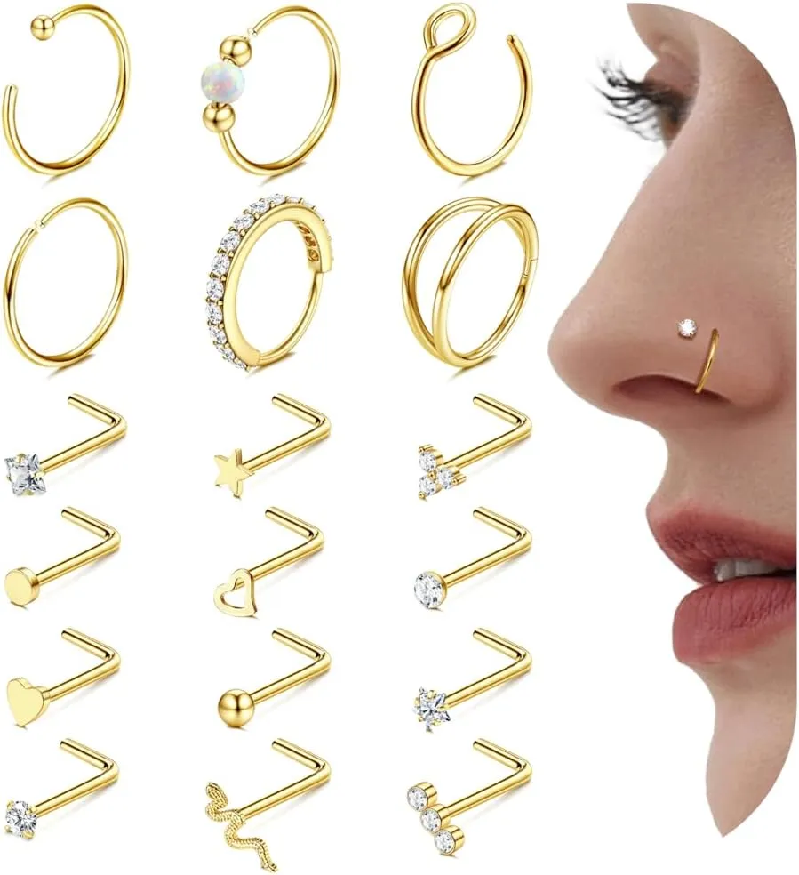 Jstyle 14K Gold Nose Rings for Women Men - 20G Stainless Steel Nose Rings Hoops L Shaped Studs Hypoallergenic Nostril Piercings Jewelry Helix Cartilage Daith Tragus Sleeper Earrings Gold/Silver