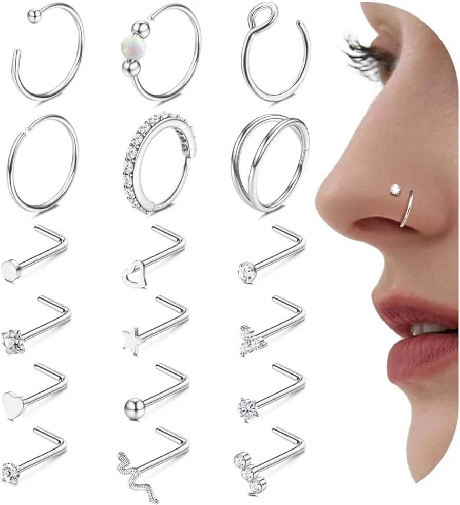 Jstyle 14K Gold Nose Rings for Women Men - 20G Stainless Steel Nose Rings Hoops L Shaped Studs Hypoallergenic Nostril Piercings Jewelry Helix Cartilage Daith Tragus Sleeper Earrings Gold/Silver