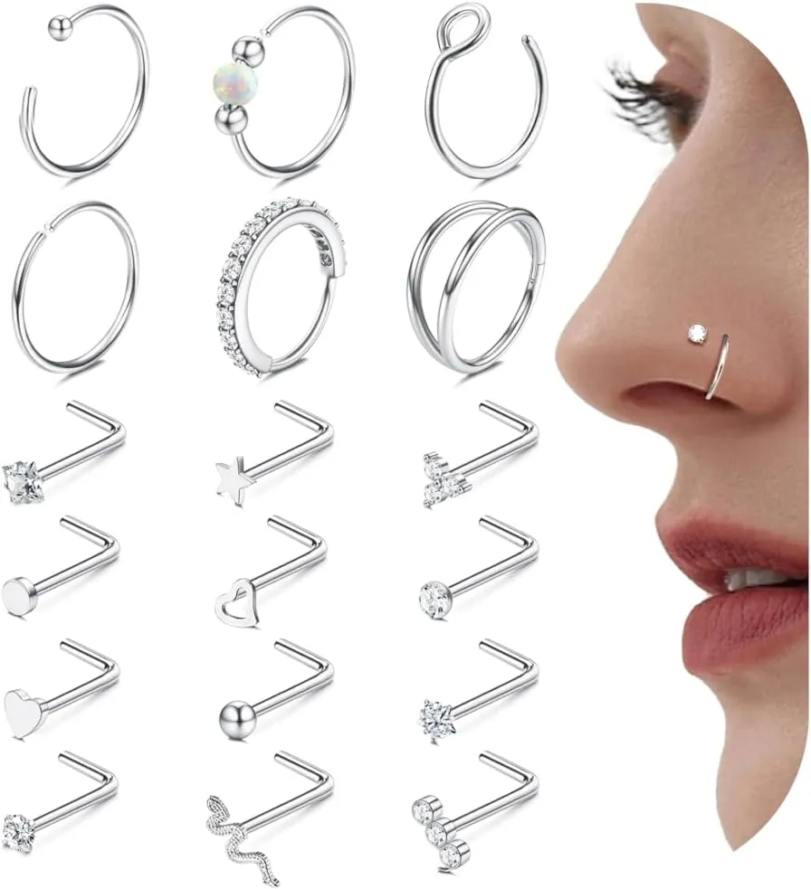Jstyle 14K Gold Nose Rings for Women Men - 20G Stainless Steel Nose Rings Hoops L Shaped Studs Hypoallergenic Nostril Piercings Jewelry Helix Cartilage Daith Tragus Sleeper Earrings Gold/Silver