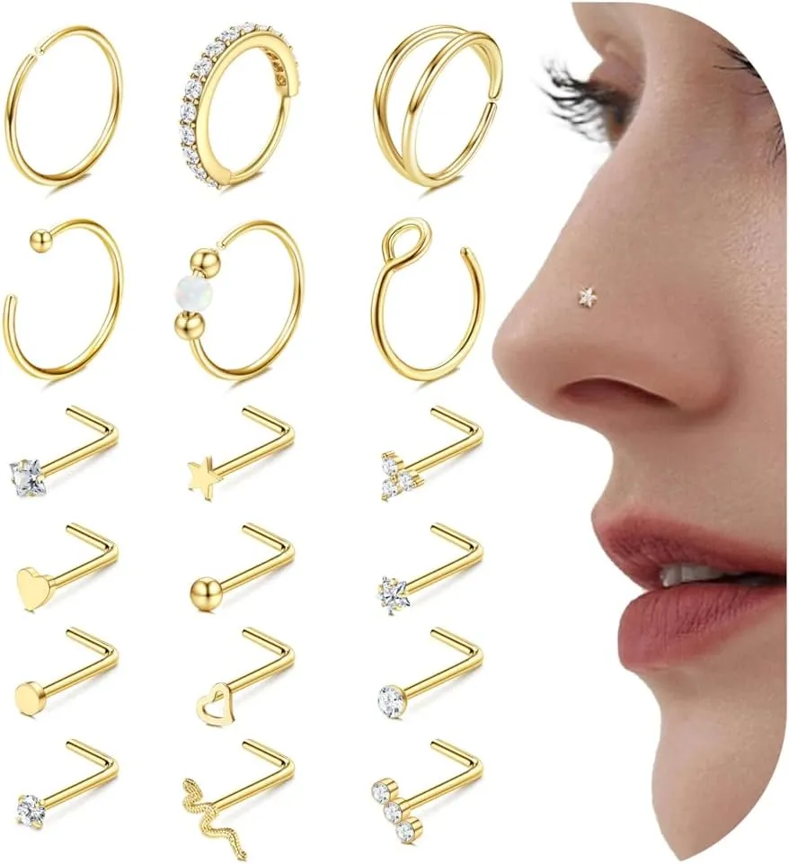 Jstyle 14K Gold Nose Rings for Women Men - 20G Stainless Steel Nose Rings Hoops L Shaped Studs Hypoallergenic Nostril Piercings Jewelry Helix Cartilage Daith Tragus Sleeper Earrings Gold/Silver