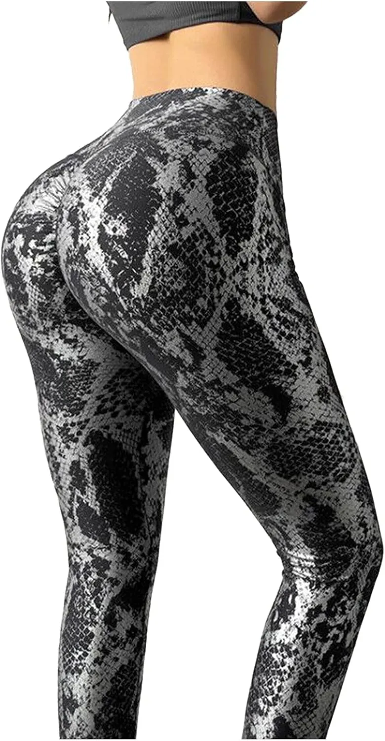 Kingspinner Shiny Metallic Leggings for Women Snakeskin Print Ruched Yoga Pant High Waist Wet Look Metallic Disco Trousers