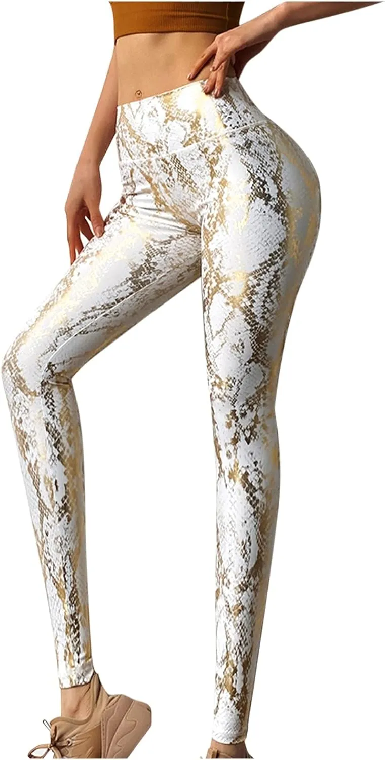 Kingspinner Shiny Metallic Leggings for Women Snakeskin Print Ruched Yoga Pant High Waist Wet Look Metallic Disco Trousers