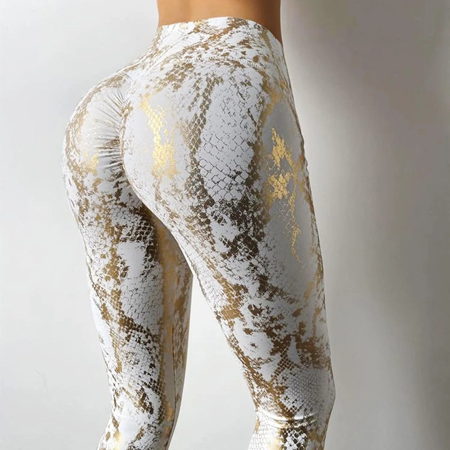 Kingspinner Shiny Metallic Leggings for Women Snakeskin Print Ruched Yoga Pant High Waist Wet Look Metallic Disco Trousers