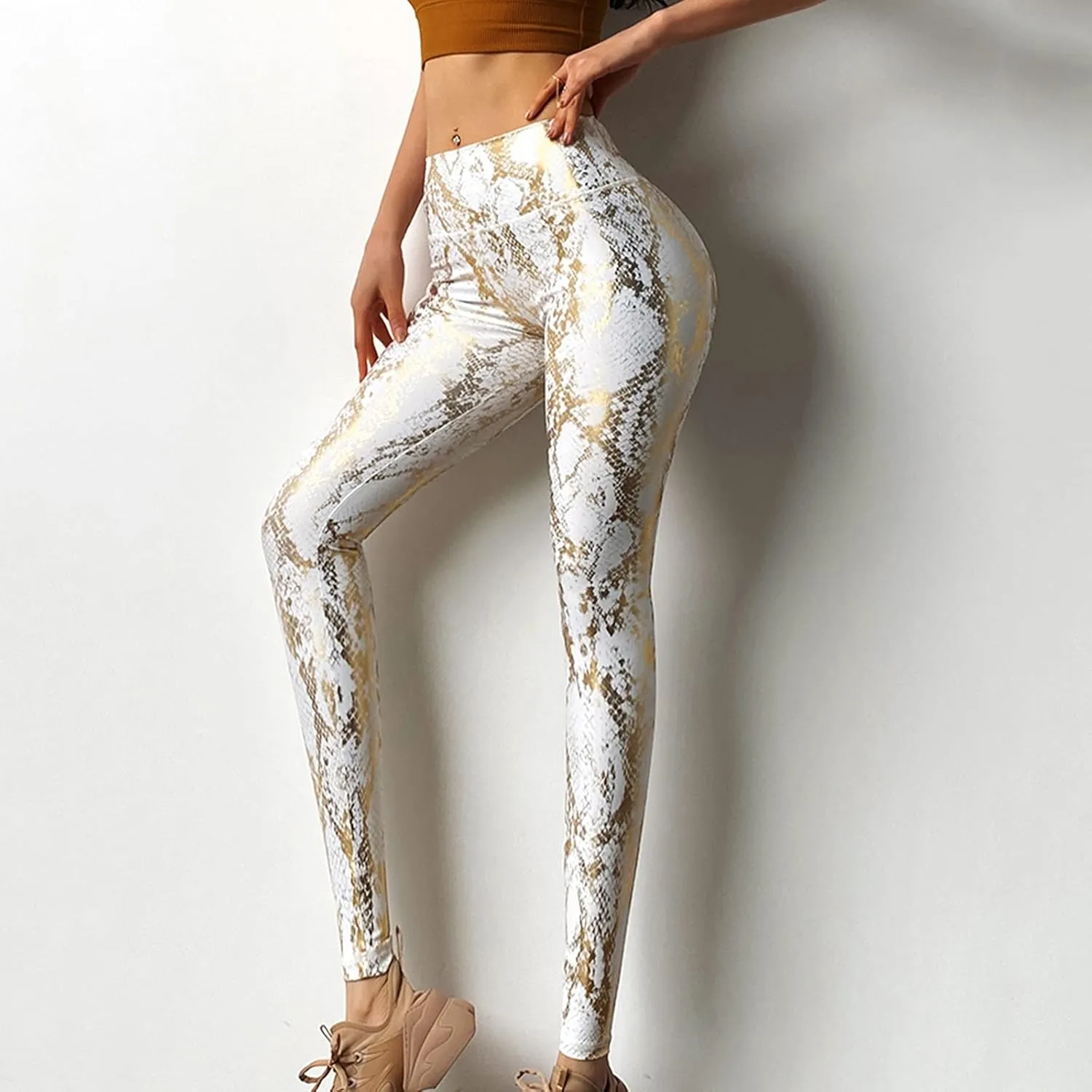 Kingspinner Shiny Metallic Leggings for Women Snakeskin Print Ruched Yoga Pant High Waist Wet Look Metallic Disco Trousers