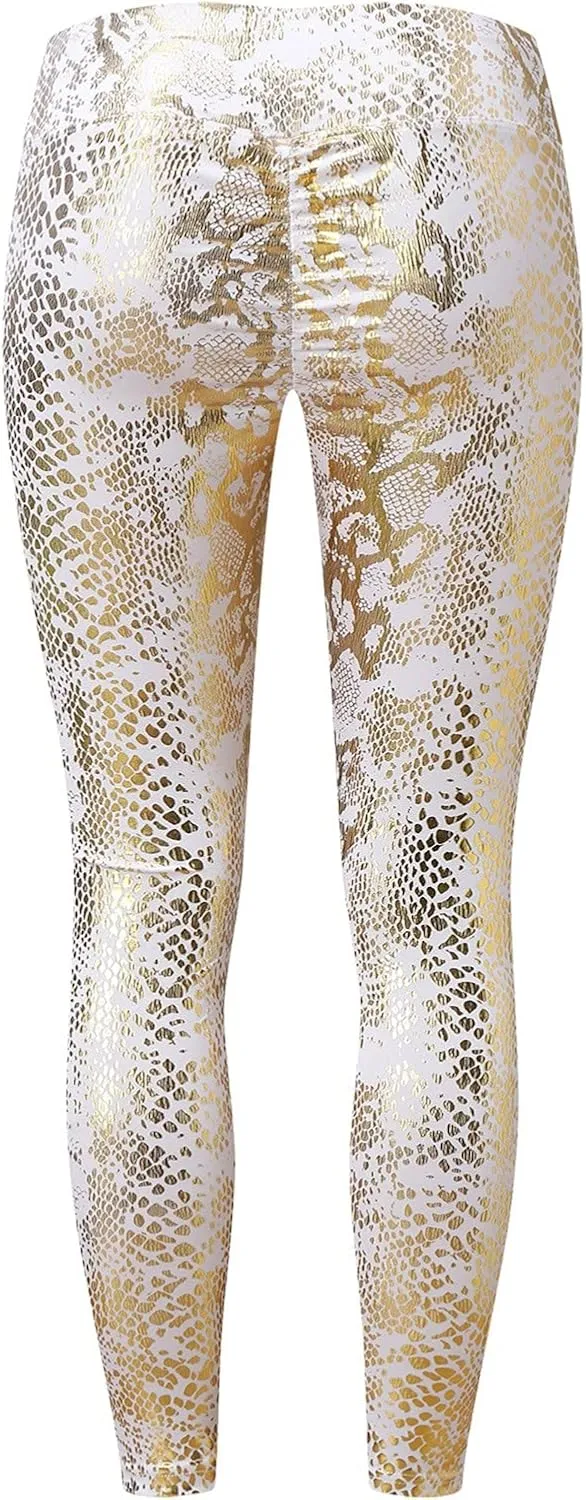Kingspinner Shiny Metallic Leggings for Women Snakeskin Print Ruched Yoga Pant High Waist Wet Look Metallic Disco Trousers