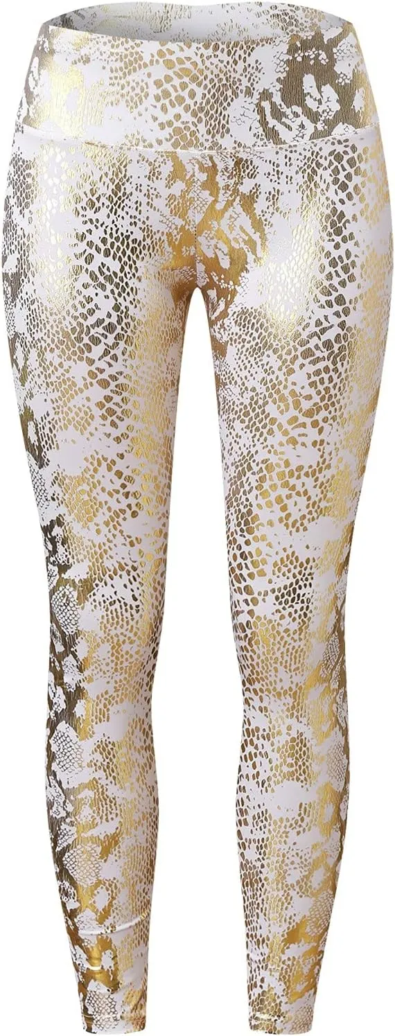 Kingspinner Shiny Metallic Leggings for Women Snakeskin Print Ruched Yoga Pant High Waist Wet Look Metallic Disco Trousers