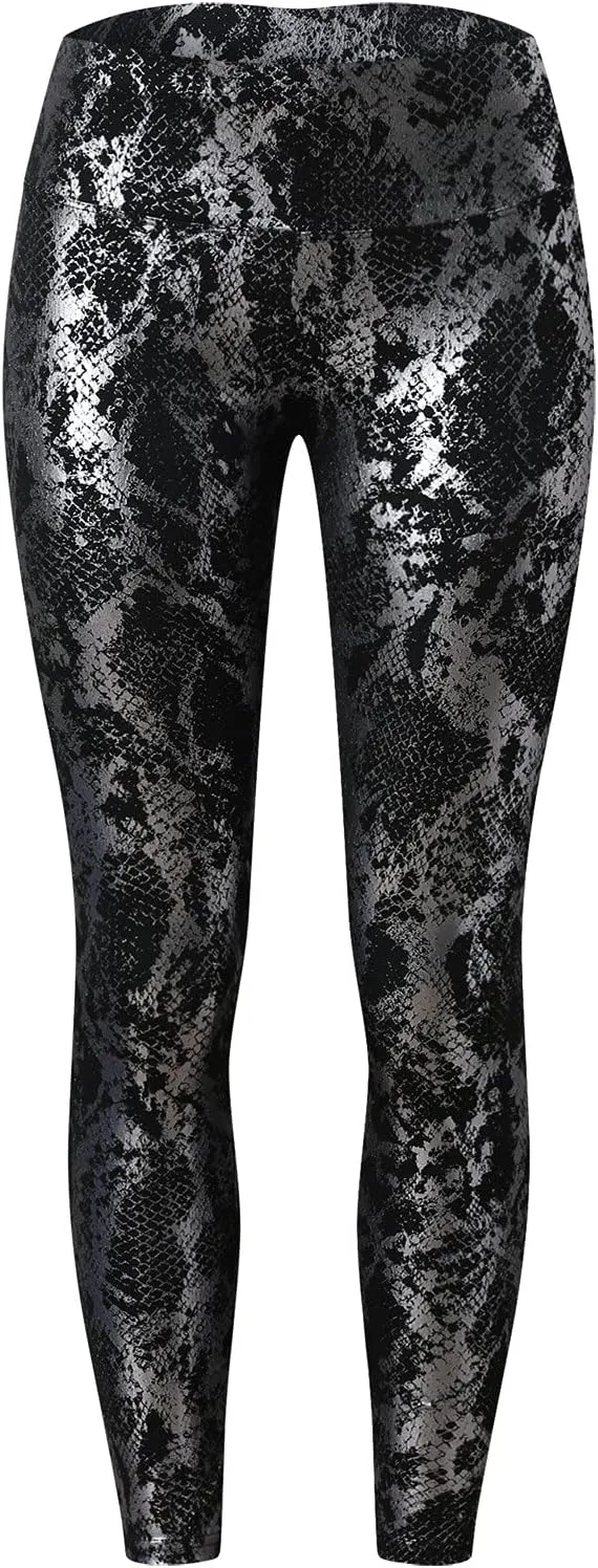 Kingspinner Shiny Metallic Leggings for Women Snakeskin Print Ruched Yoga Pant High Waist Wet Look Metallic Disco Trousers