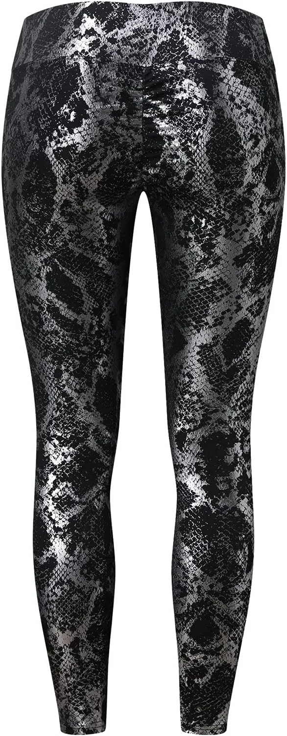 Kingspinner Shiny Metallic Leggings for Women Snakeskin Print Ruched Yoga Pant High Waist Wet Look Metallic Disco Trousers